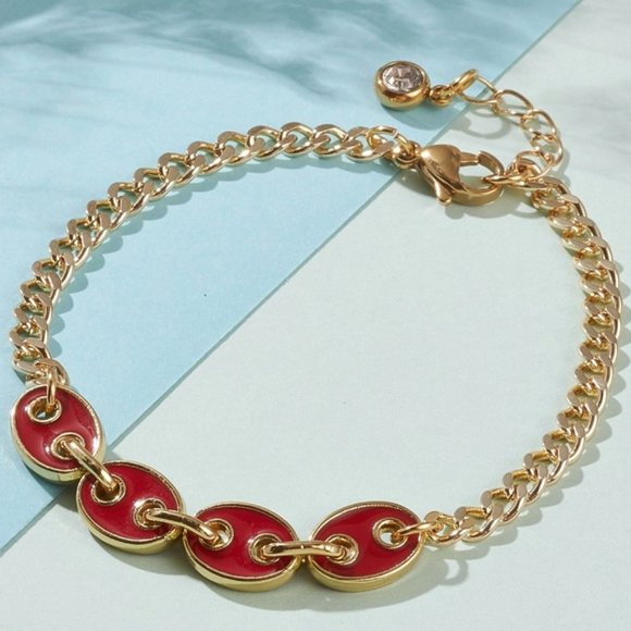 2/$20 NWOT Red Enamel Coffee bean Link Bracelet with Gold extender chain - Picture 1 of 5